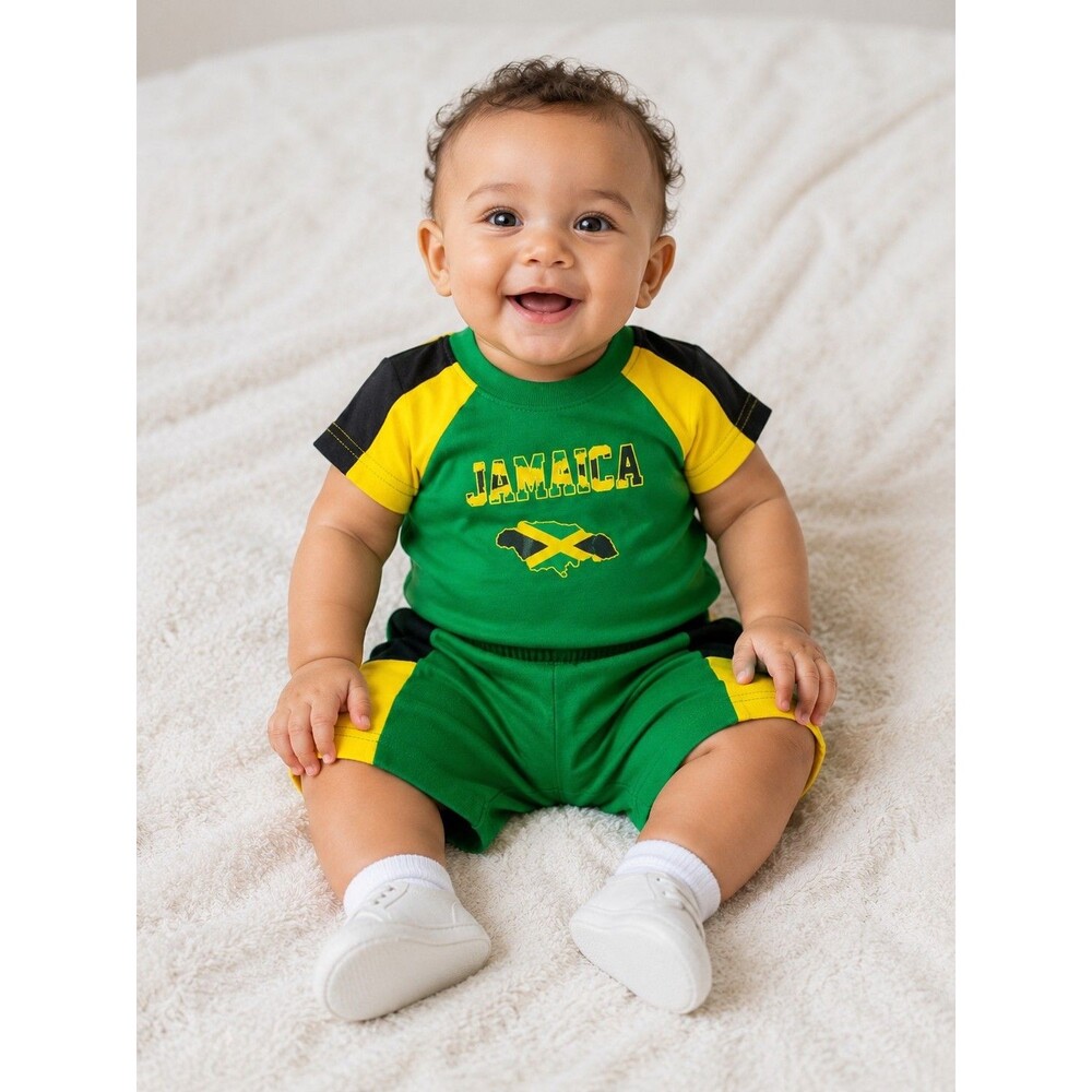 Baby Jamaica 2-Piece Outfit Set Green Yellow Black Shirt & Shorts Toddler Infant